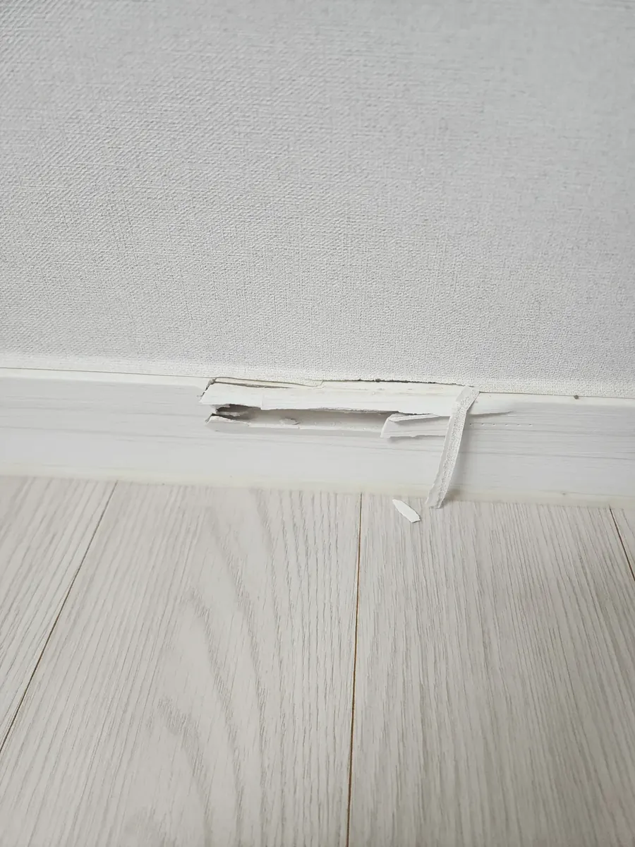 걸레받이 몰딩 보수 — 겉면이 찢긴 흰 걸레받이